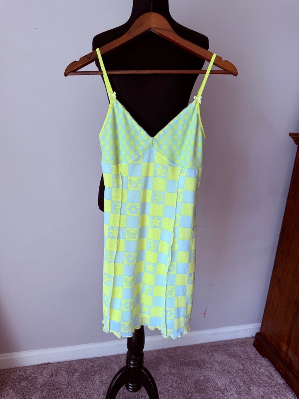 Forever 21 Neon Yellow & Pale Blue Checkered Slip Dress butterfly flower